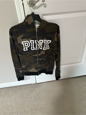 PINK Victoria's Secret Olive Green Camo Hooded Zip-Up